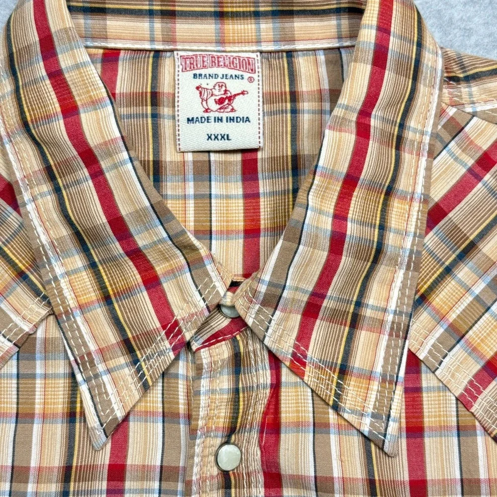 True Religion Mens 3XL Brown Red Plaid Pearl Snap Western Shirt ML4BG48MNT NWT